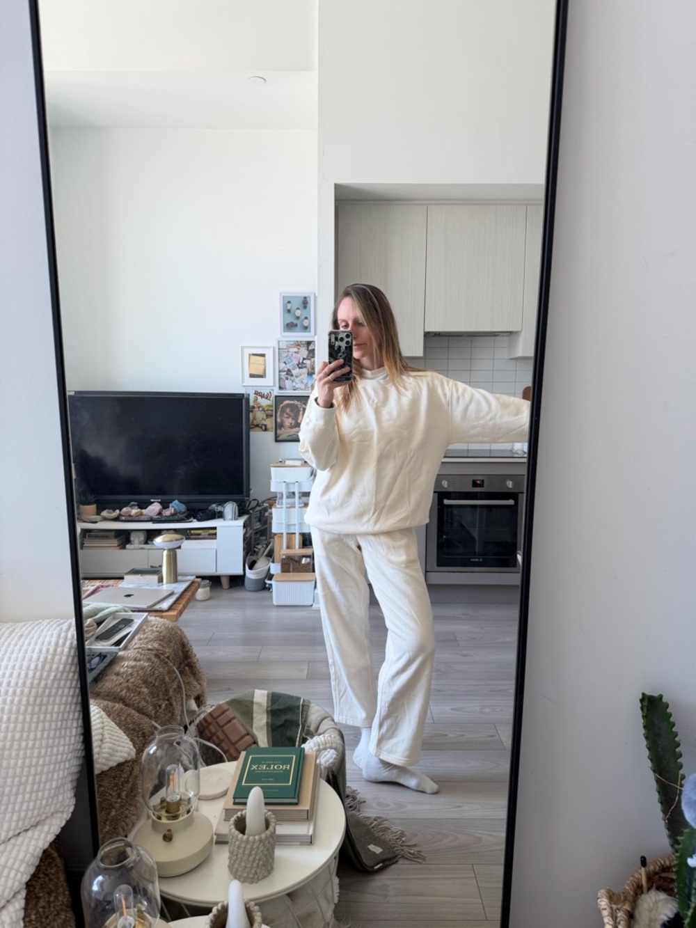 Cream Cozy Lounge Set - Two-Piece Sweatshirt & Wide Leg Pants